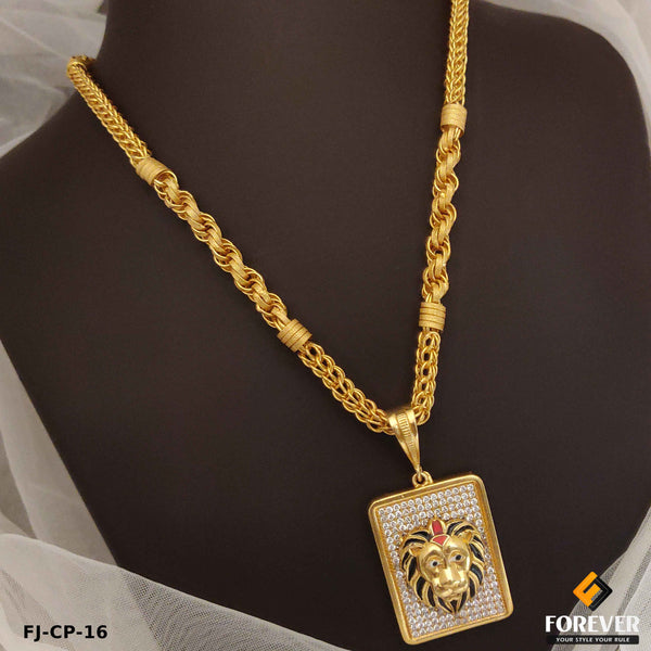 New Classical Gold Finish bahubali Chain with line face daimond pendal for Men.(CP-16)